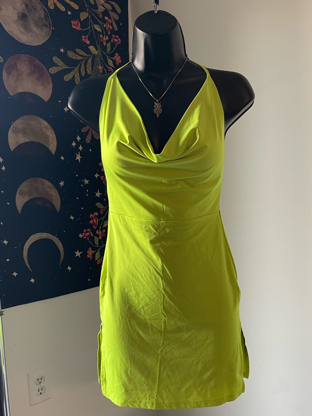 Fashion Nova Neon Lime Halter Cowl Neck Dress